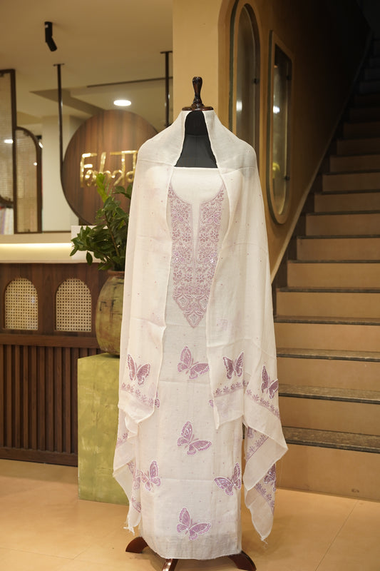 Off White Mul Chanderi Suit with Lakhnavi Handwork