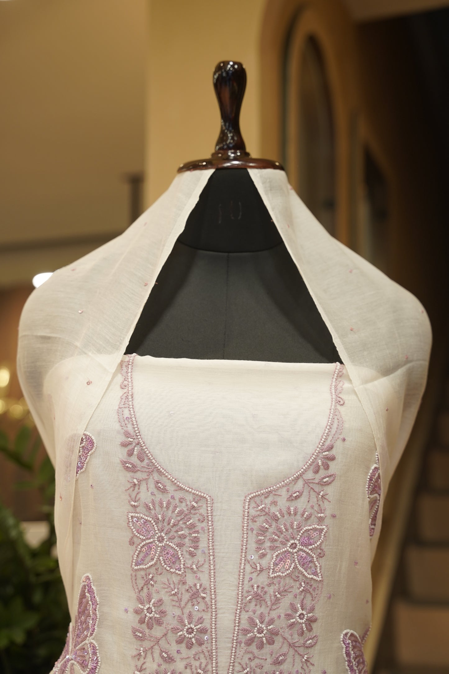 Off White Mul Chanderi Suit with Lakhnavi Handwork