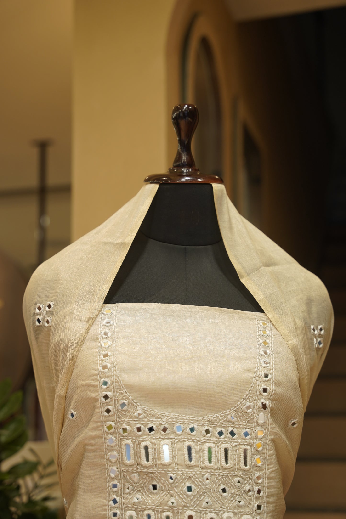 Golden Tissue Suit with Mirror Work