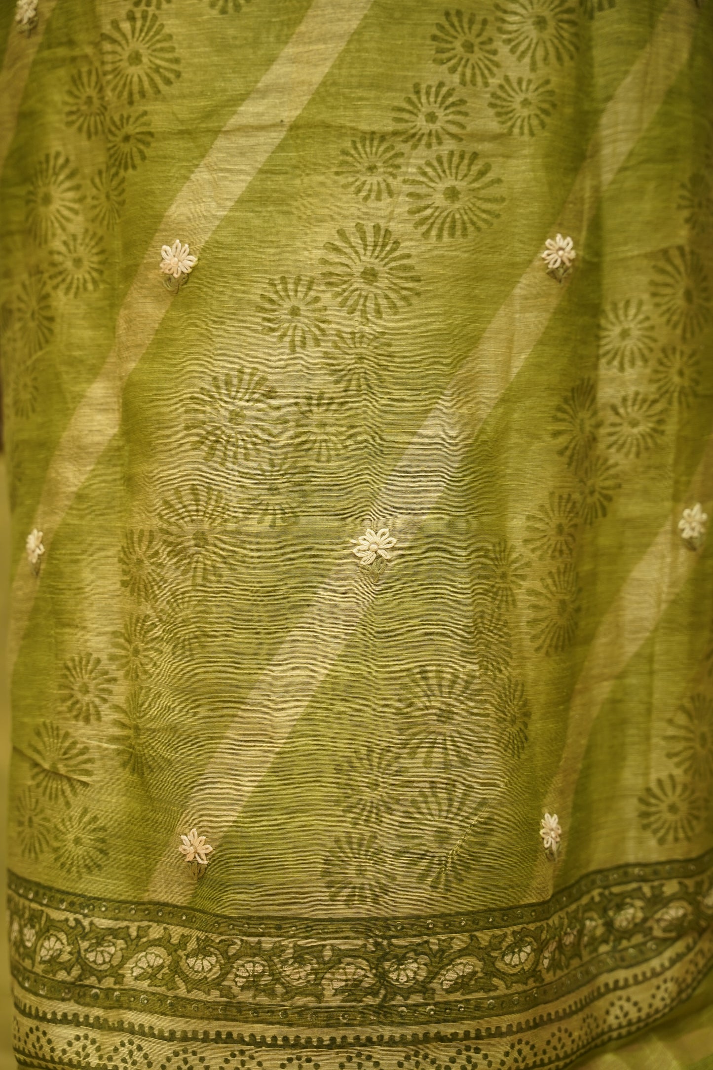 Green Pure Silk Linen Suit with Hand Embroidery