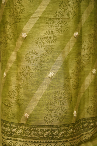 Green Pure Silk Linen Suit with Hand Embroidery
