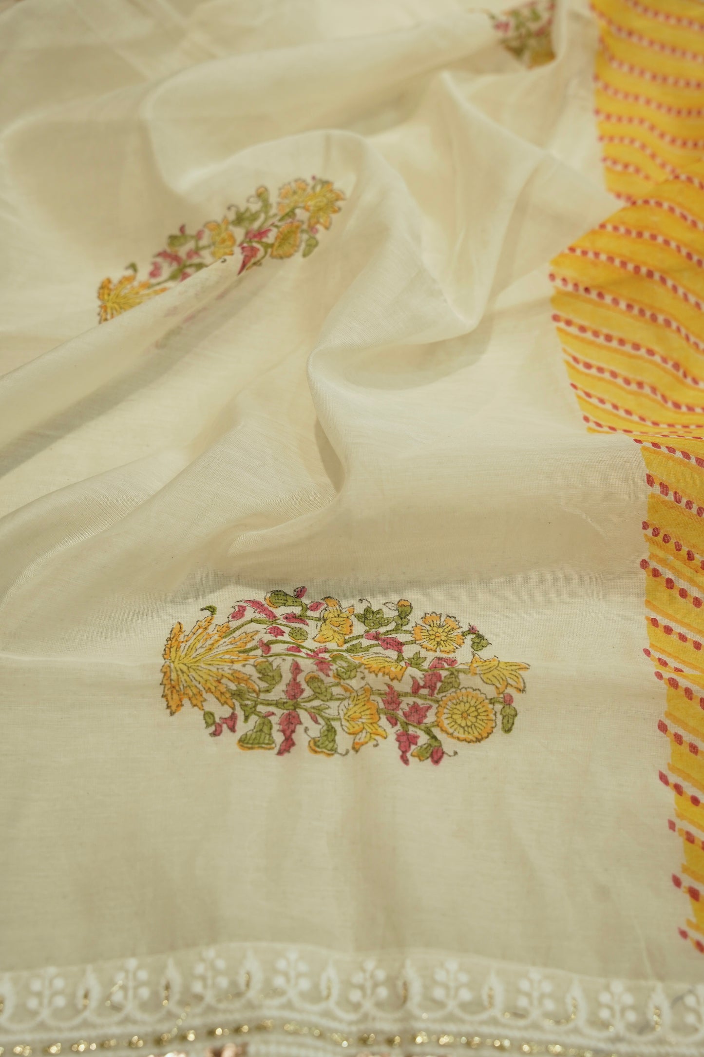 Off White Pure Chanderi Block Printed Suit with Embroidery