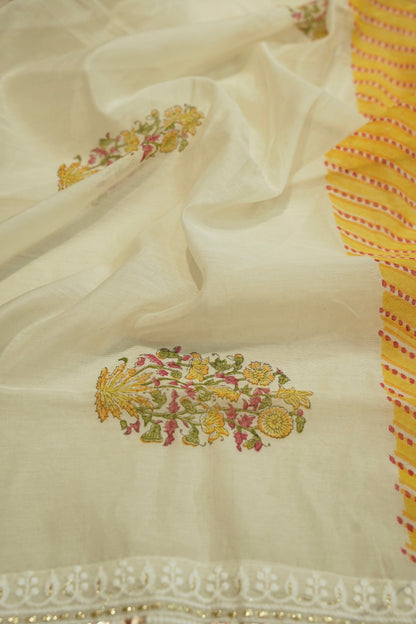 Off White Pure Chanderi Block Printed Suit with Embroidery
