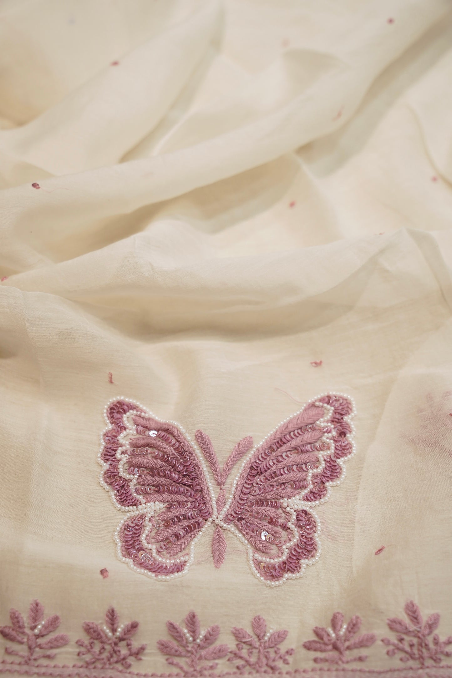 Off White Mul Chanderi Suit with Lakhnavi Handwork