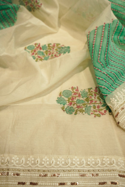 Off White Pure Chanderi Block Printed Suit with Embroidery