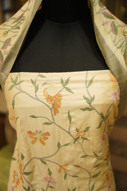 Cream Cotton Silk Suit with Embroidery