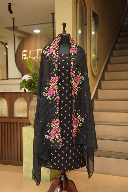 Black Cotton Voile Suit with Embroidery