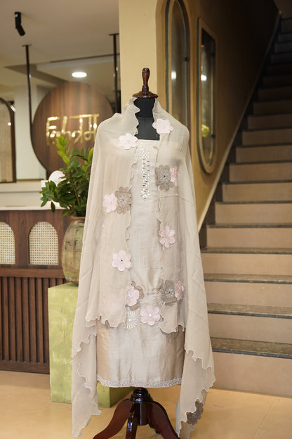 Brown Pure Chanderi Suit with Applique Work