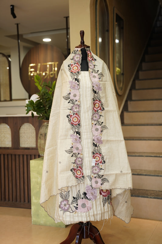 Beige Khadi Linen Multi Embroidered Suit