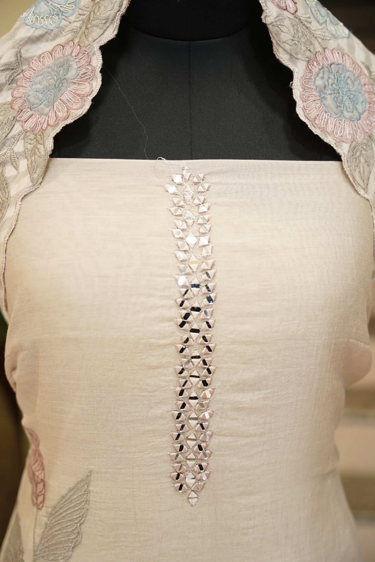 Beige Mul Chanderi Suit with Applique Work