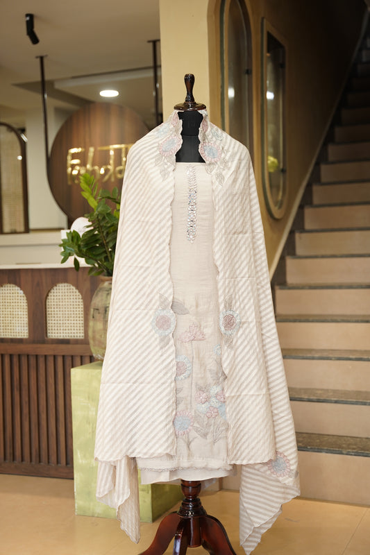 Beige Mul Chanderi Suit with Applique Work