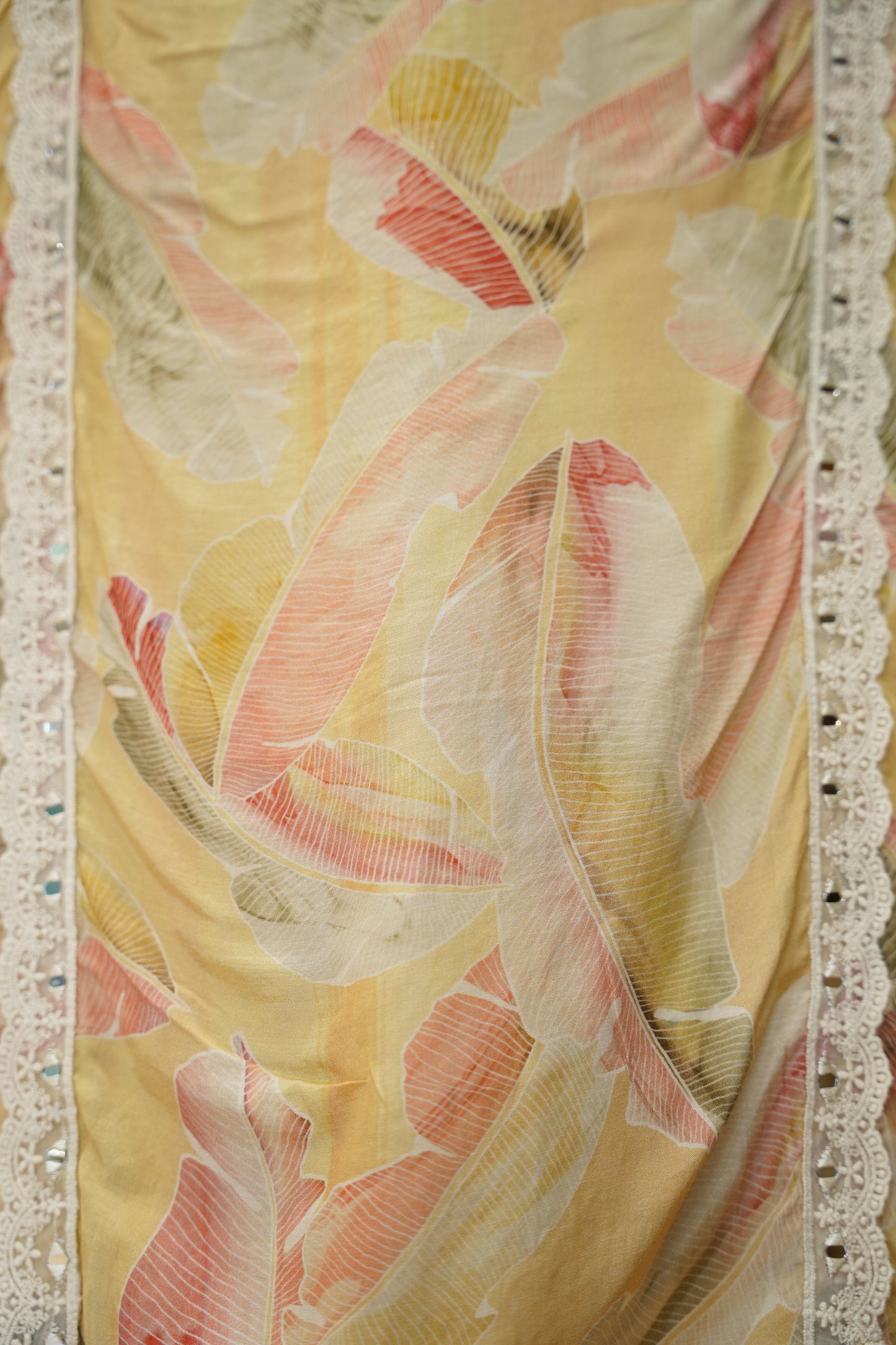 Yellow Printed Muslin Suit with Neck Embroidery