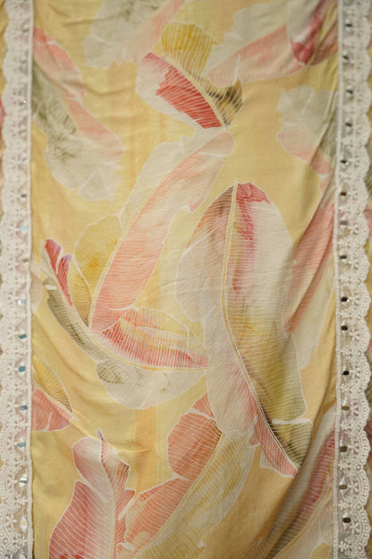 Yellow Printed Muslin Suit with Neck Embroidery