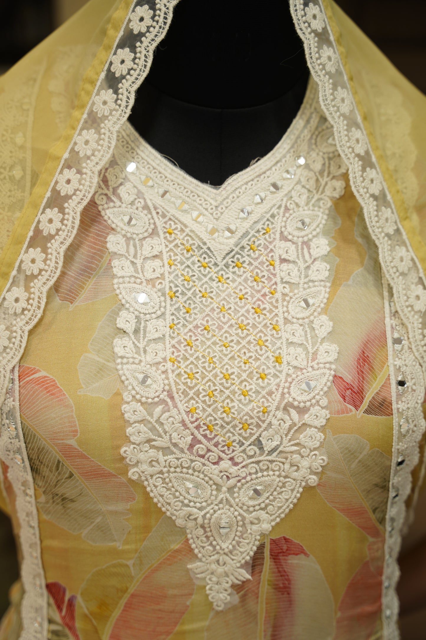 Yellow Printed Muslin Suit with Neck Embroidery