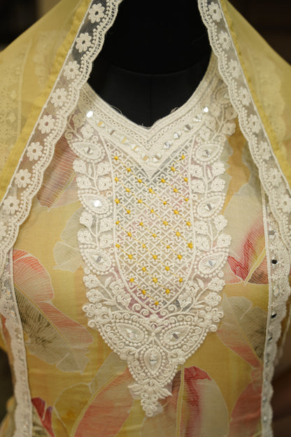Yellow Printed Muslin Suit with Neck Embroidery