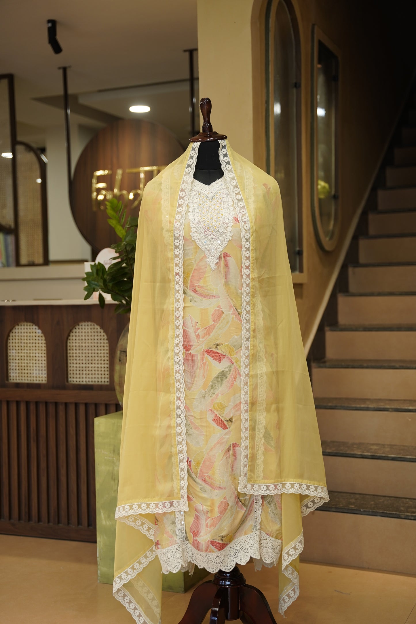 Yellow Printed Muslin Suit with Neck Embroidery