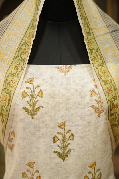 Off White Block Printed Khadi Cotton Suit