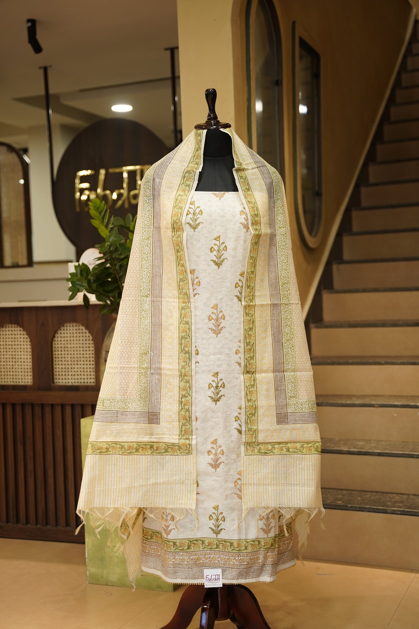 Off White Block Printed Khadi Cotton Suit
