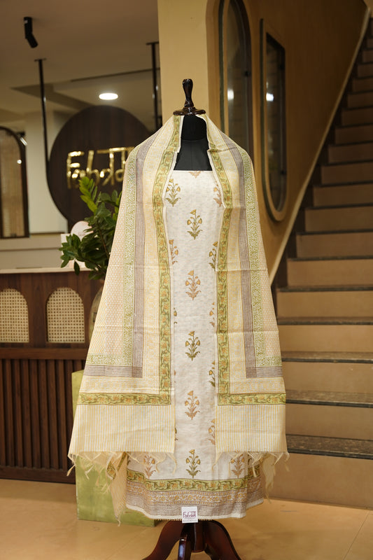 Off White Block Printed Khadi Cotton Suit