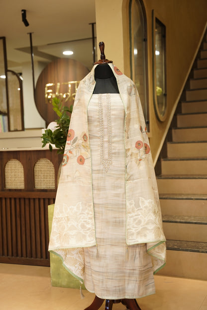Cream Slub Linen Suit with Neck Gota Work