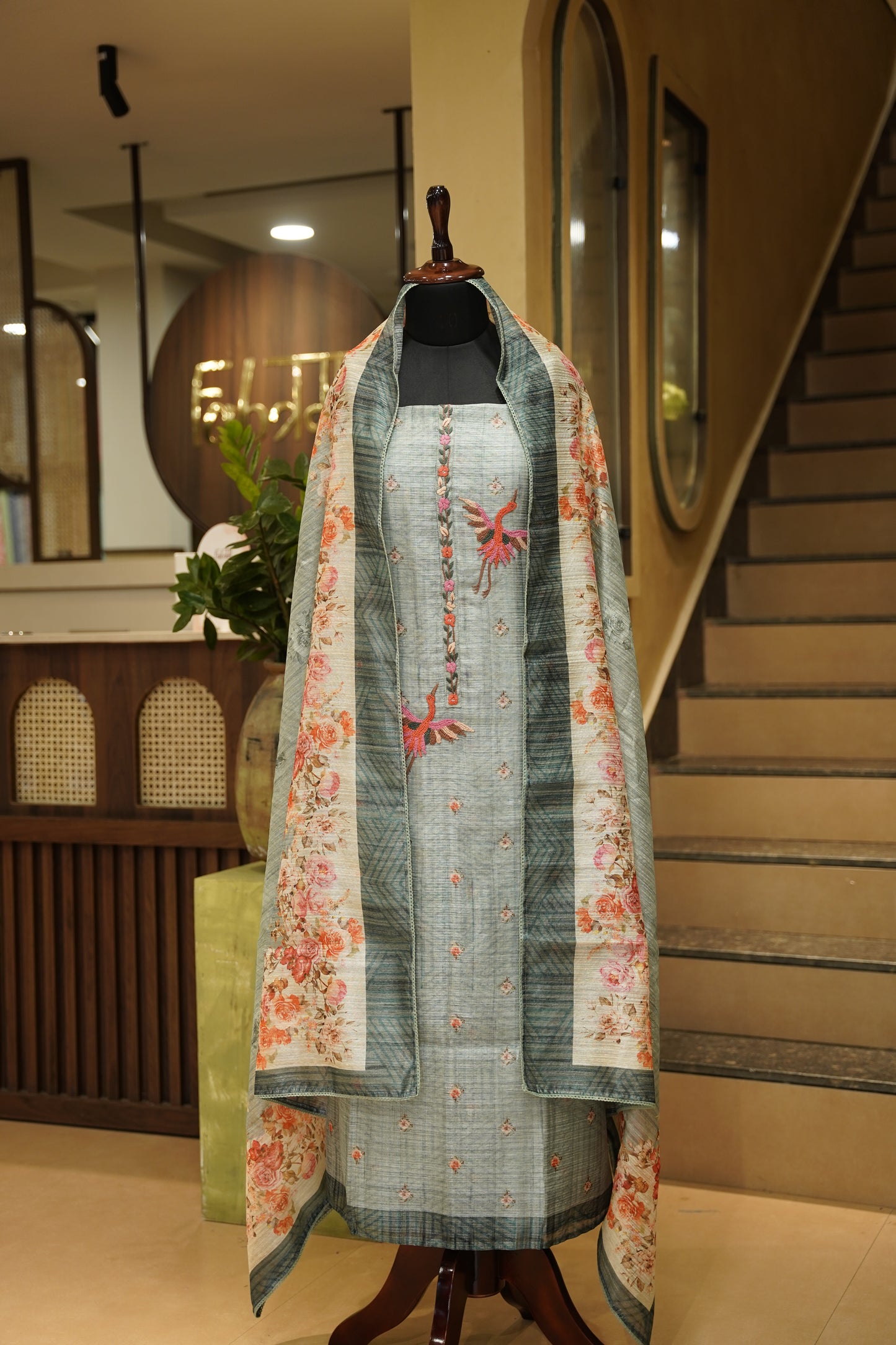 Hand Embroidered Art Tussar Suit