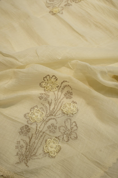 Cream Mul Chanderi Suit with Applique Embroidery