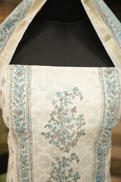 Off White Block Printed Self Chanderi Suit