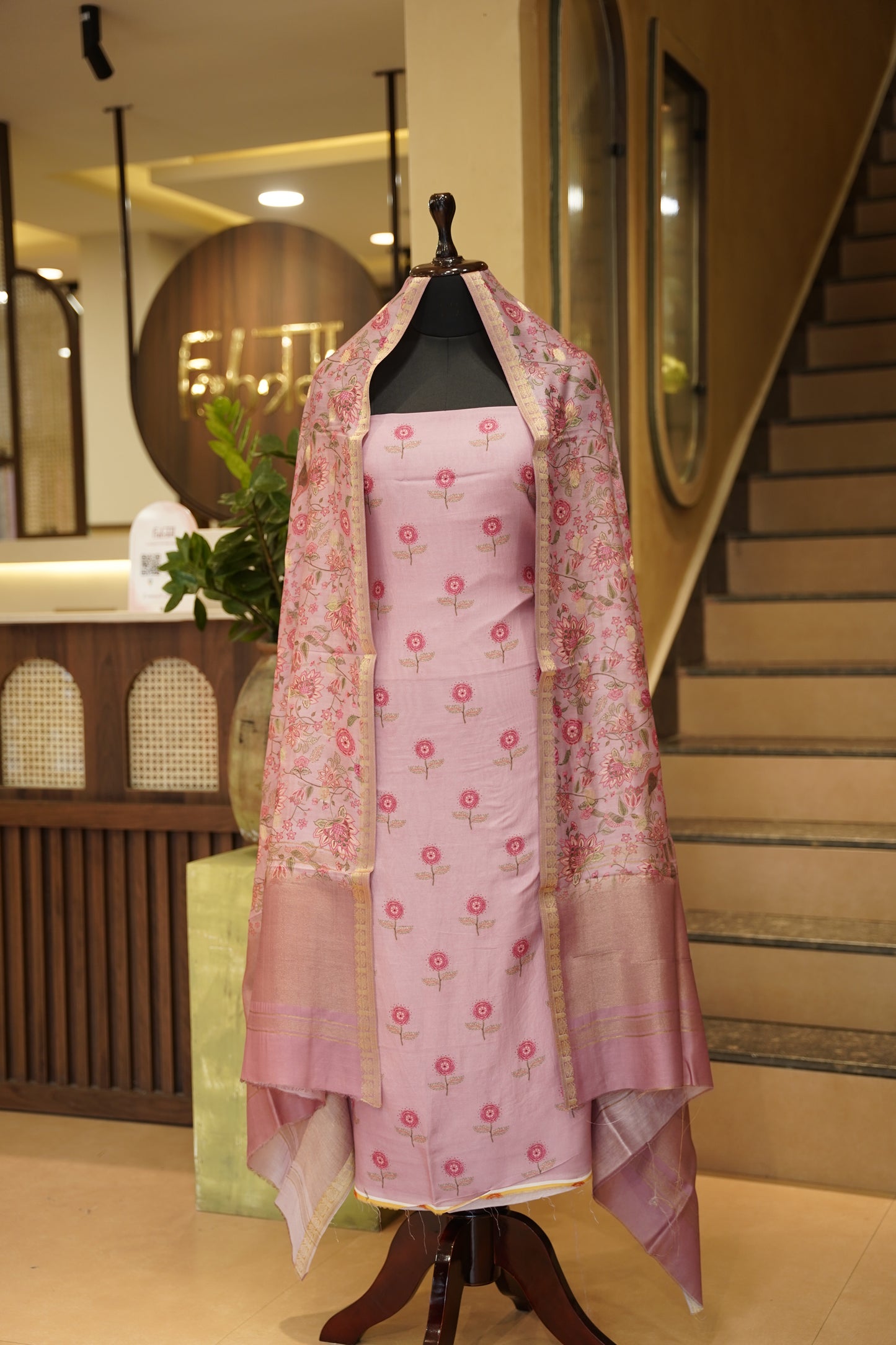 Pink Printed Pure Maheshwari Suit