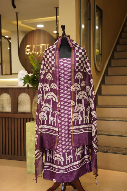 Purple Printed Pure Maheshwari Suit