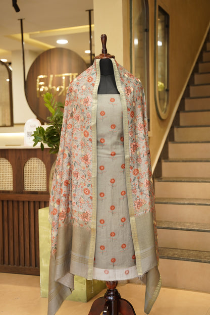 Grey Printed Pure Maheshwari Suit