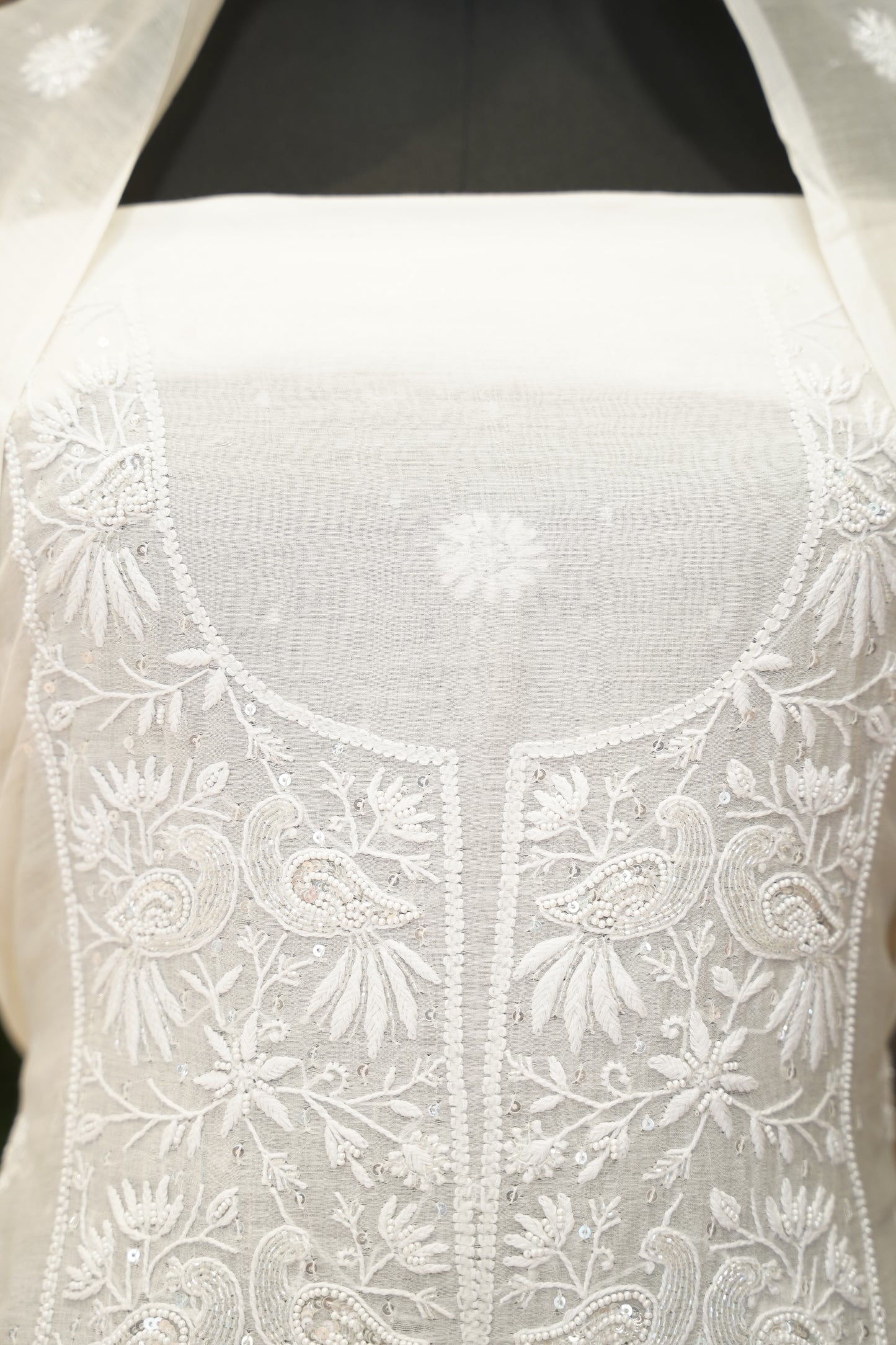 White Lakhnavi Mul Chanderi Suit with Handwork
