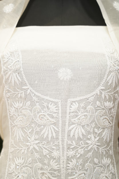White Lakhnavi Mul Chanderi Suit with Handwork