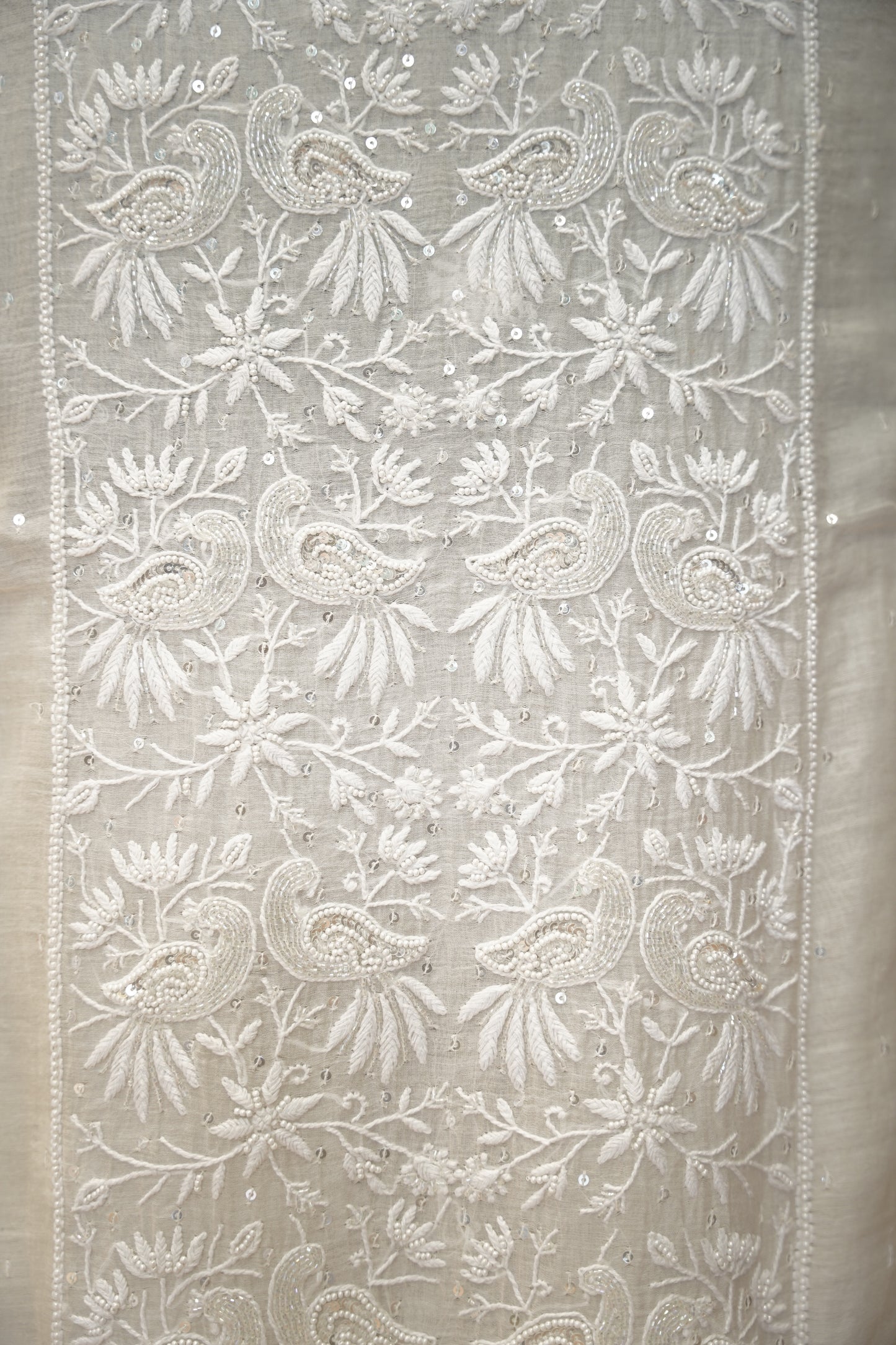 White Lakhnavi Mul Chanderi Suit with Handwork
