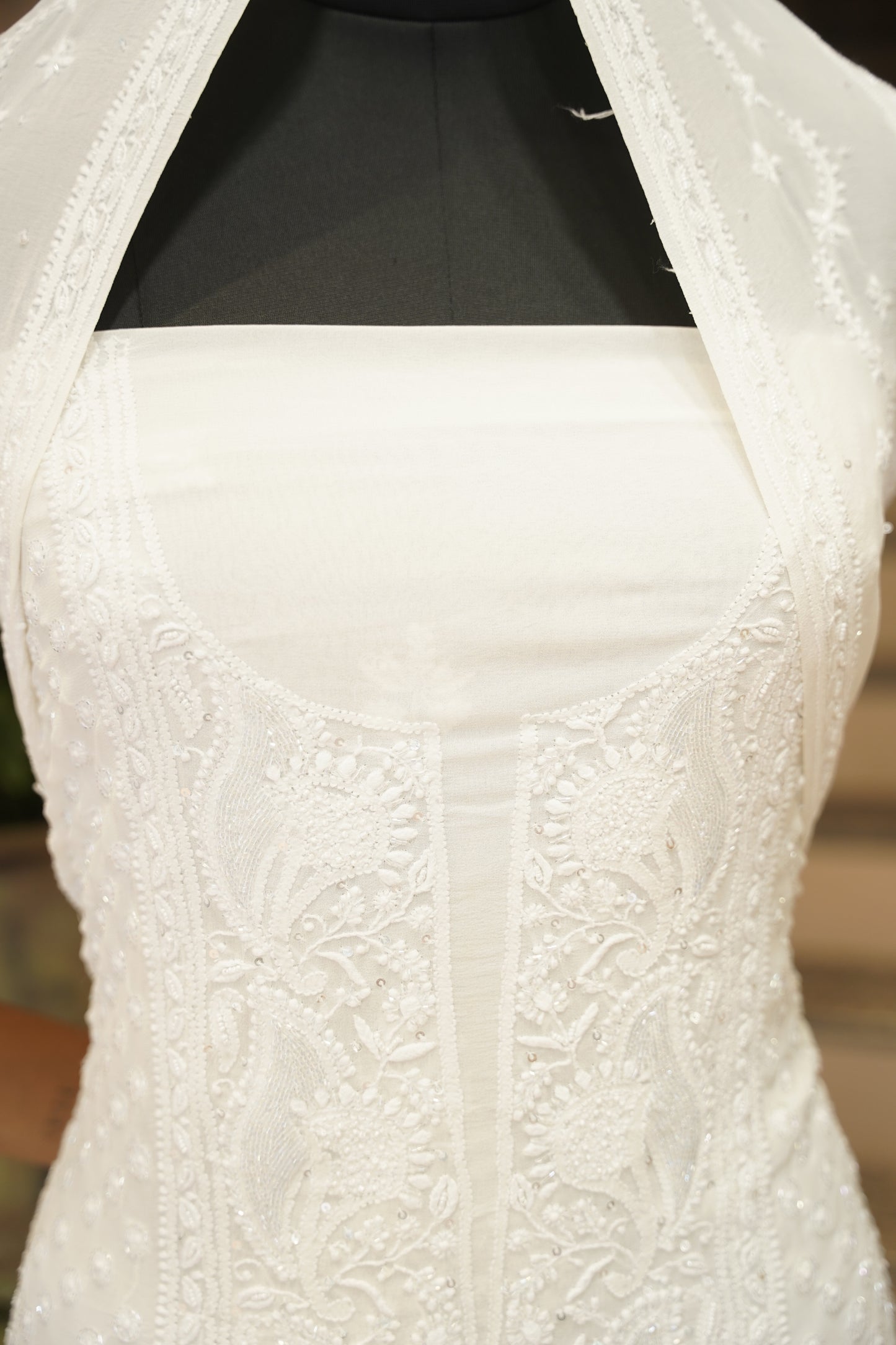 White Lakhnavi Pure Georgette Suit with Neck Work