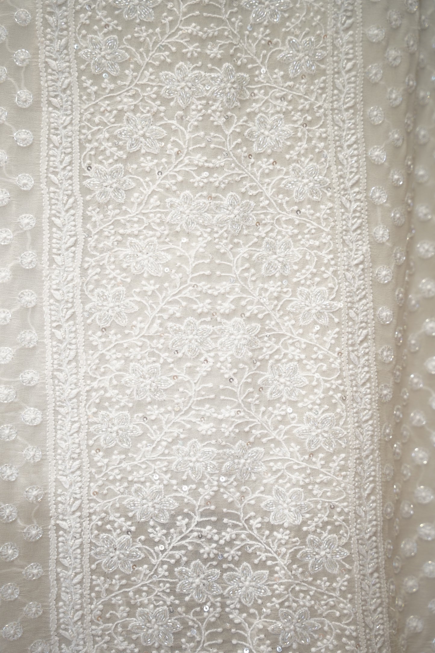 White Lakhnavi Pure Georgette Suit with Neck Work