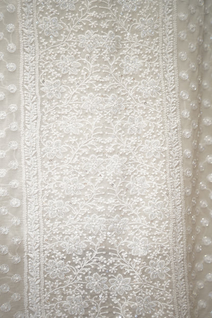 White Lakhnavi Pure Georgette Suit with Neck Work