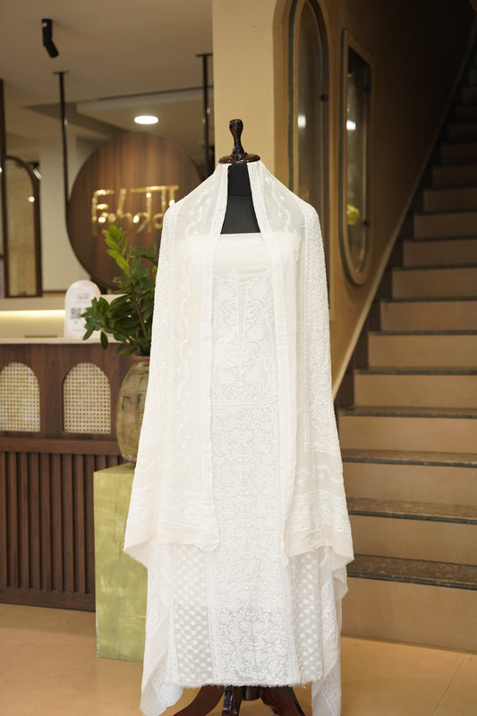 White Lakhnavi Pure Georgette Suit with Neck Work