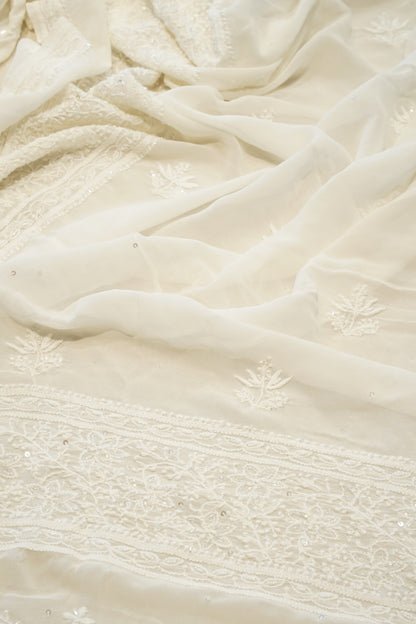 White Lakhnavi Pure Georgette Suit with Neck Work