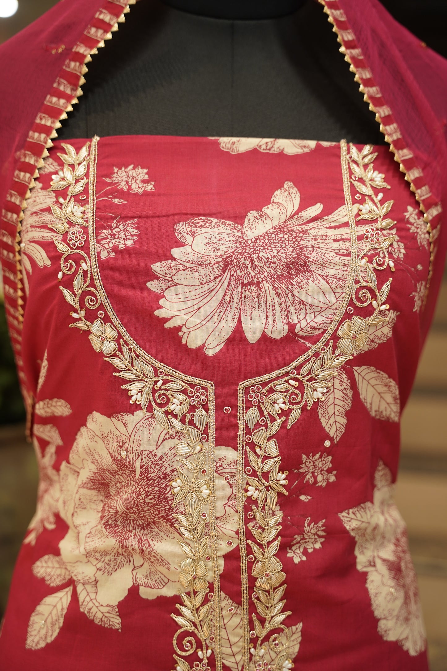 Rani Printed Cotton Suit with Zardosi Neck Work