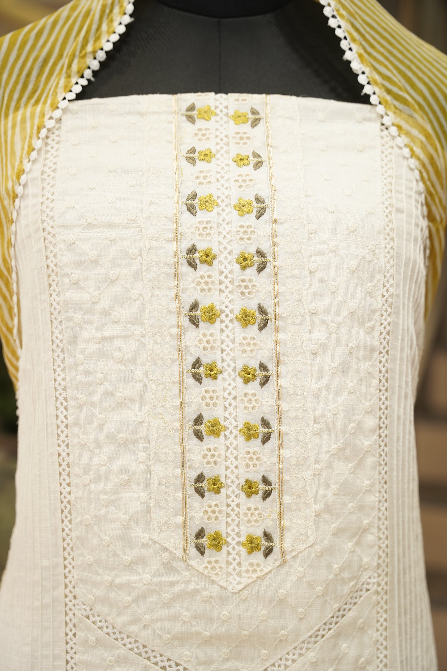 Off White Embroidered Cotton Suit with Neck Tie