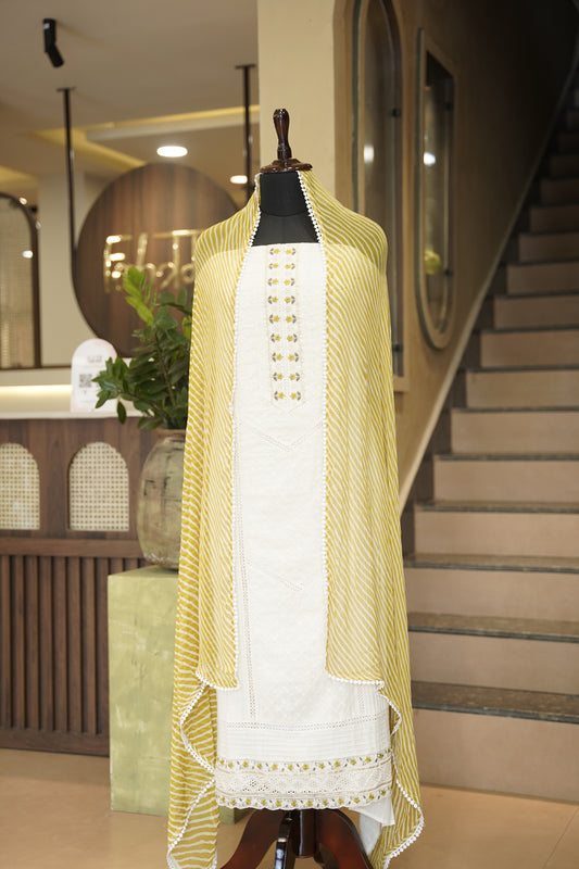 Off White Embroidered Cotton Suit with Neck Tie