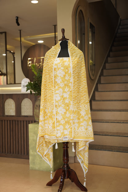Yellow Printed Cotton Suit with Mirror Work