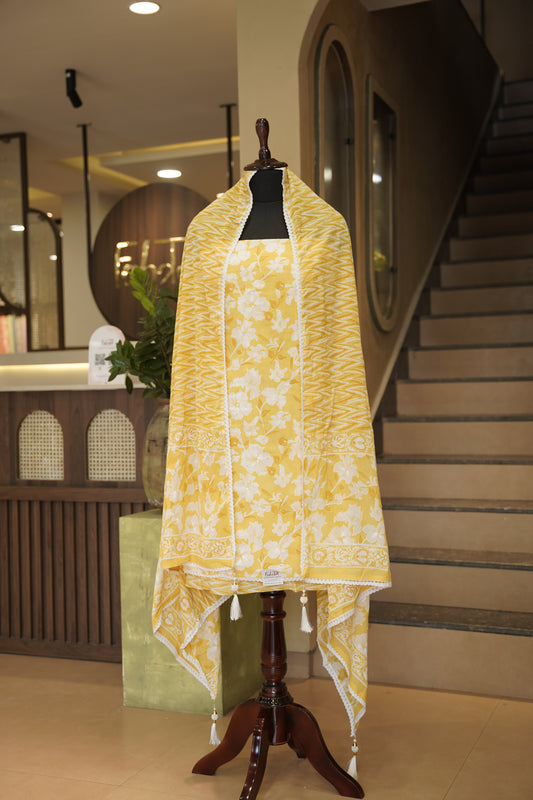 Yellow Printed Cotton Suit with Mirror Work