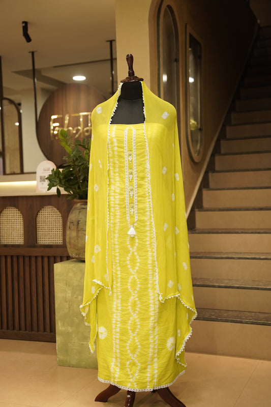 Yellow Cotton Bandhej Suit with Neck Tie
