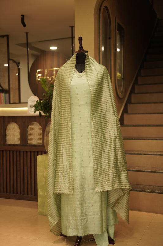 Green Banarasi Chinia Silk Suit with Neck Work