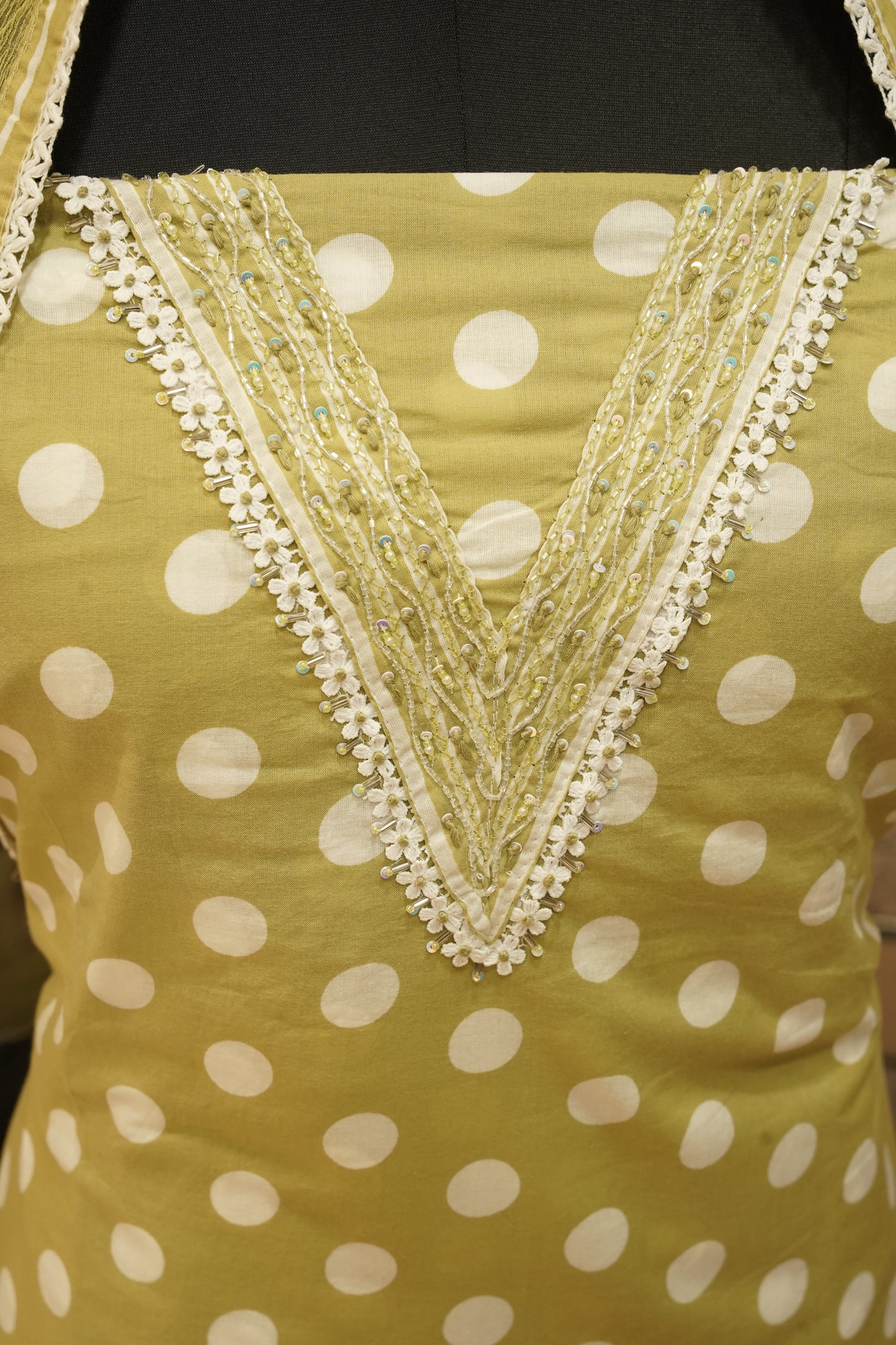 Green Printed Cotton Suit with Neck Work