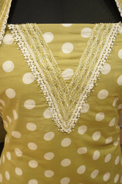Green Printed Cotton Suit with Neck Work