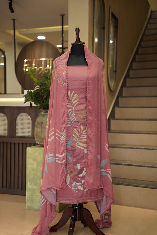 Pink Printed Giza Cotton Suit with Embroidery