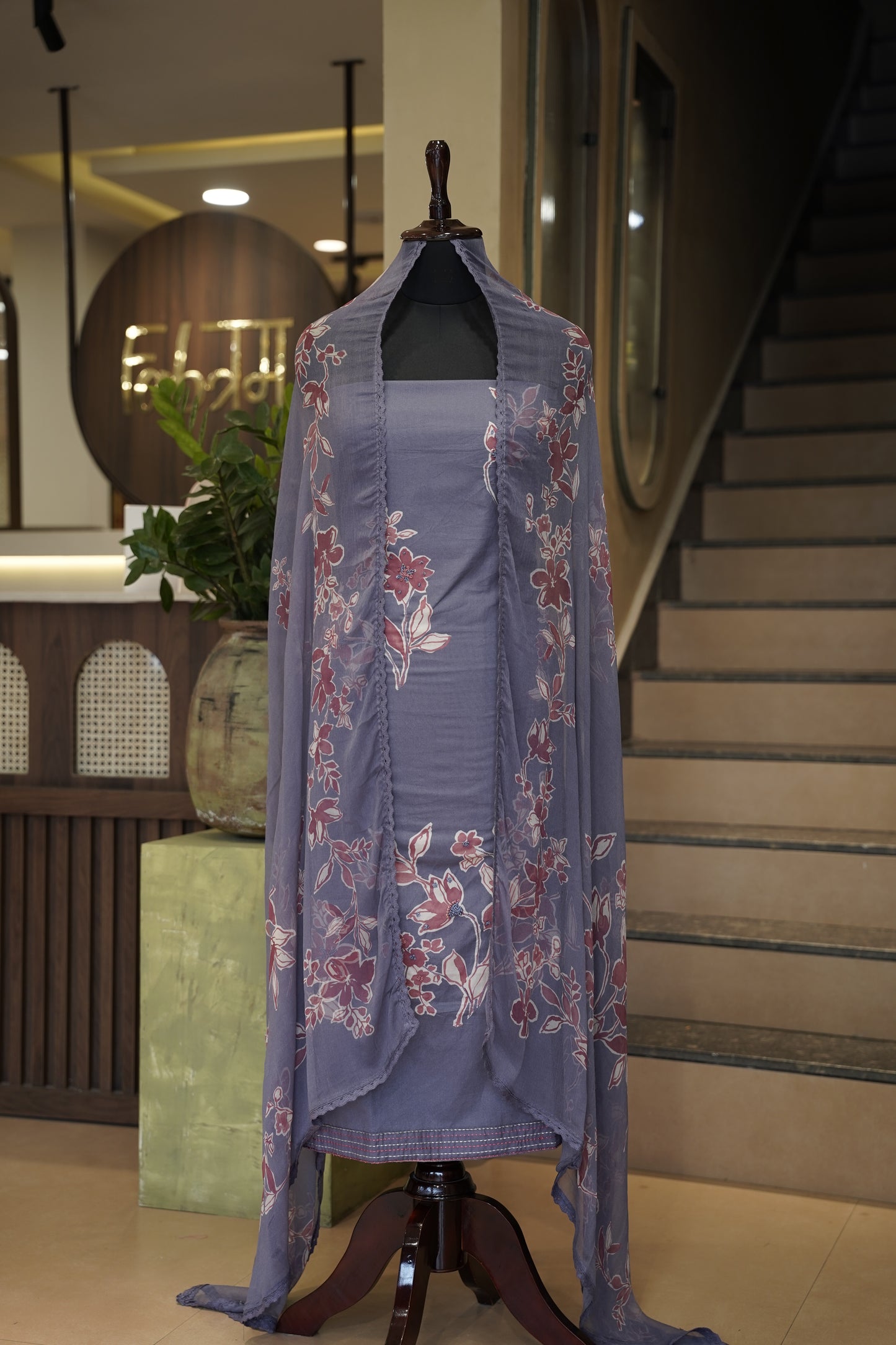 Purple Printed Cotton Suit with Knot Work