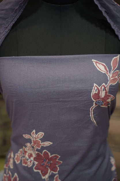 Purple Printed Cotton Suit with Knot Work